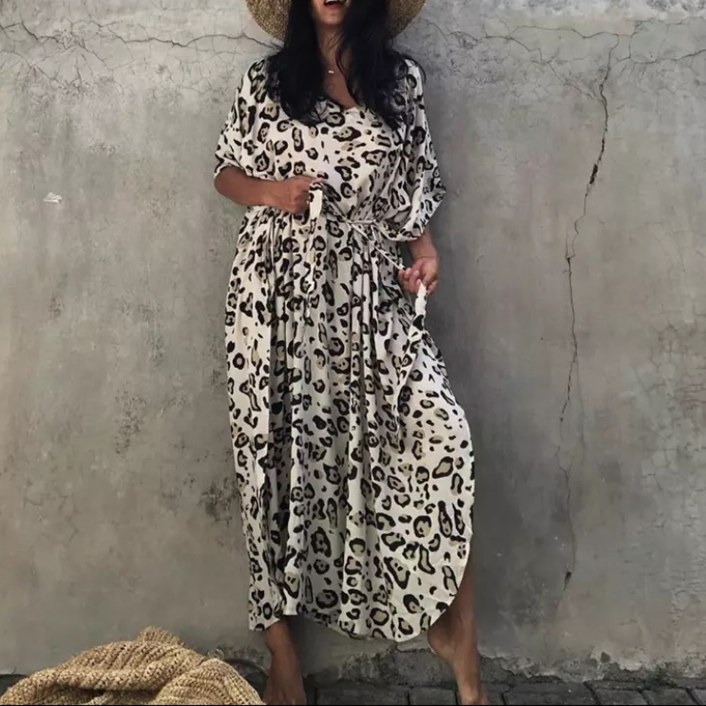 New Leopard Animal Print Bohemian Kaftan Kimono Dress Coverup - Picture 4 of 8